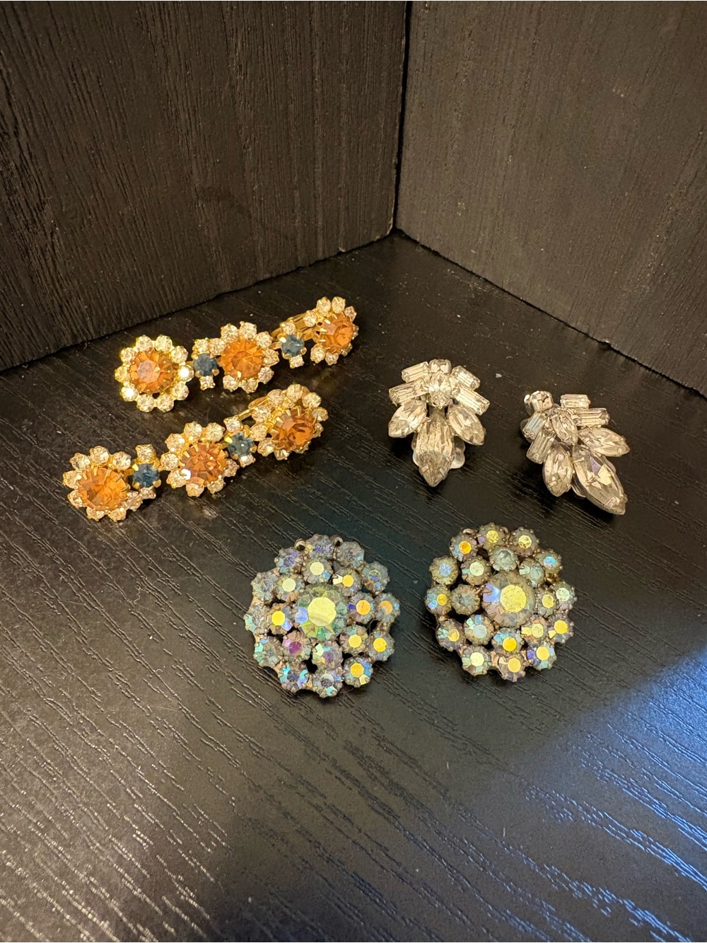 Weiss earrings lot of 3 clip on vintage rhinestone iridescent clear & brown